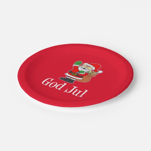 God Jul Swedish Christmas Santa Paper Plate Pappteller (Schrägansicht)
