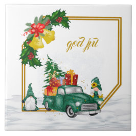 God Jul Swedish Gnomes Green Couple Keramik Tile Fliese