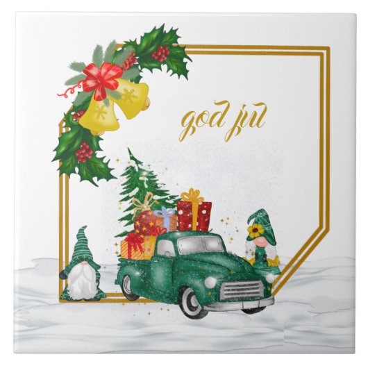 God Jul Swedish Gnomes Green Couple Keramik Tile Fliese (Vorderseite)