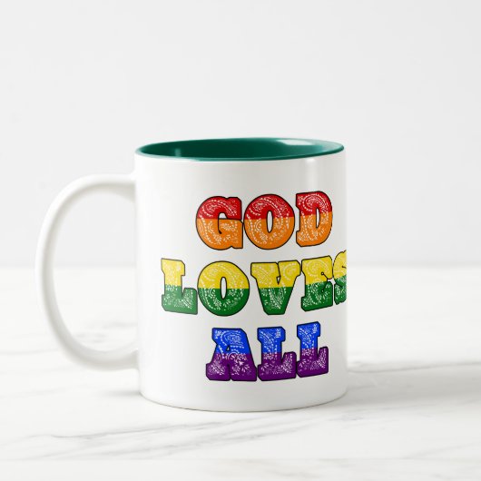 "God Loves All" Gay/LGBTQIA+/Queer Christian Pride Zweifarbige Tasse (Links)