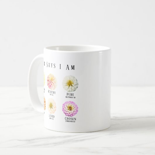 God Says I Am Affirmation Scripture Pastel Floral Kaffeetasse (Vorderseite Links)