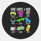 God Says I Am Christian Men Women Kids Retro 80's Runder Aufkleber (Vorderseite)
