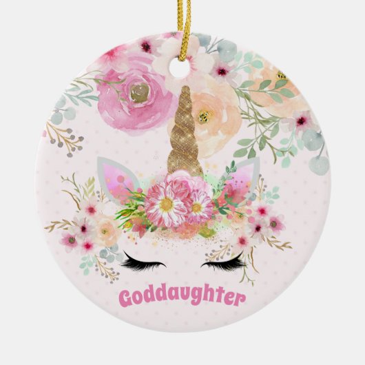 GODDAUGHTER Pink Gold Glitzer Blume Einhorn Gesich Keramik Ornament (Vorne)