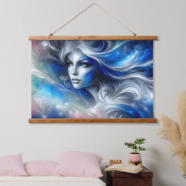 Goddess Celestial White Blue Head Februar - Wandteppich Mit Holzrahmen
