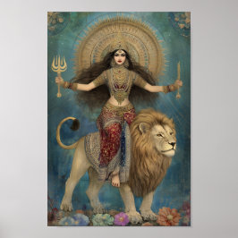 Goddess Durga Reiten Lion Turquoise Gold Art Poster