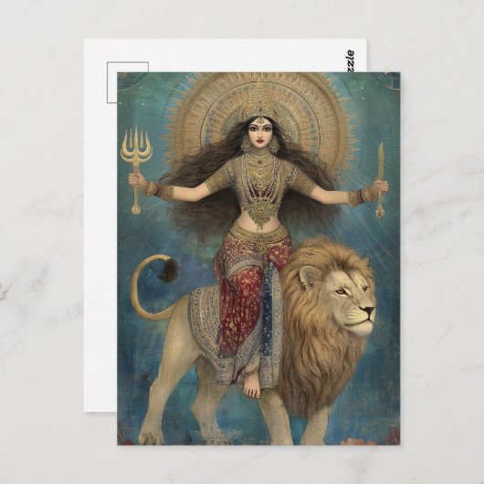 Goddess Durga Reiten Lion Turquoise Gold Art Postkarte (Vorne/Hinten)