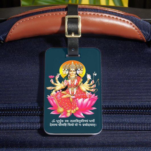Goddess Gayatri Devi über Lotus Hindu Deity Gepäckanhänger (Vorderseite Insitu 2)