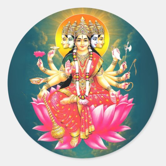 Goddess Gayatri Devi über Lotus Hindu Deity Runder Aufkleber (Vorderseite)