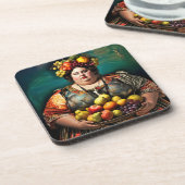 "Goddess of Overindulgence" - farbiges Portrait Getränkeuntersetzer (Linke Seite)