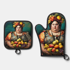 "Goddess of Overindulgence" - farbiges Portrait Ofenhandschuh & Topflappen-Set