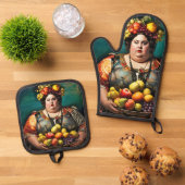"Goddess of Overindulgence" - farbiges Portrait Ofenhandschuh & Topflappen-Set (Oben Unten)