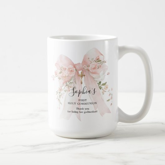 Godmother Gift First Communion Pink Bow Roses Kaffeetasse (Rechts)