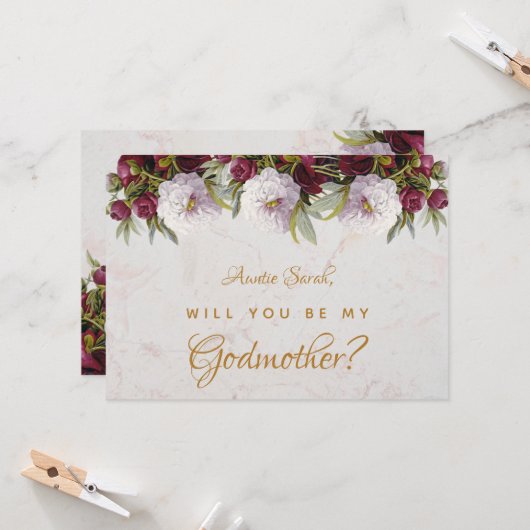 Godmutter Vorschlag Burgundy Peonies Blumenmarmor Karte (Vorderseite/Rückseite Beispiel)