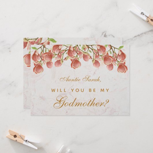 Godmutter Vorschlag Rosa Magnolia Marmor Floral Karte (Vorderseite/Rückseite Beispiel)