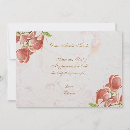 Godmutter Vorschlag Rosa Magnolia Marmor Floral Karte (Rückseite)