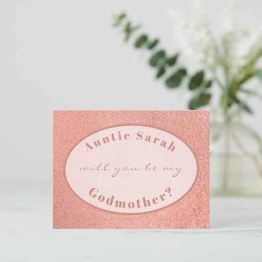 Godmutter Vorschlag Rosen Gold Weißes Oval Script Postkarte (Stehend Vorderseite)