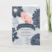 Godparent Request Bold Blue Botanicals mit Foto Karte (Vorderseite)