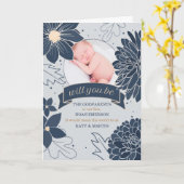 Godparent Request Bold Blue Botanicals mit Foto Karte (Gelbe Blume)