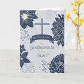 Godparent Request for Son Bold Navy Blue Botanical Karte (Gelbe Blume)