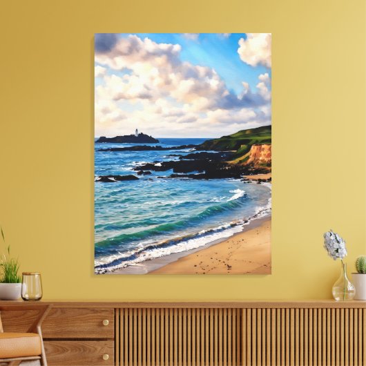Godrevy's Coastal Charm: Ein Leuchtturm am Horizon Leinwanddruck (Insitu (Wohnzimmer))