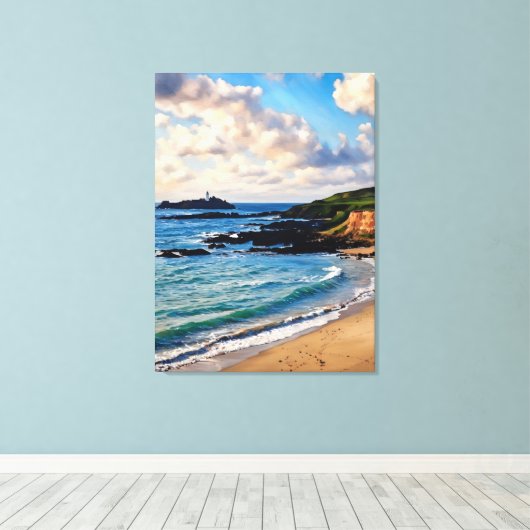 Godrevy's Coastal Charm: Ein Leuchtturm am Horizon Leinwanddruck (Insitu (Holzboden))