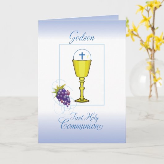 Godson First Communion, Chalice mit Host & Trauben Karte (Gelbe Blume)