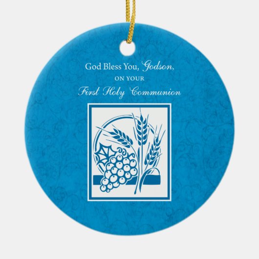 Godson First Communion, Weizen, Trauben Blau Keramik Ornament (Vorne)