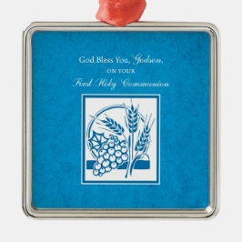 Godson First Communion, Weizen, Trauben Blau Ornament Aus Metall