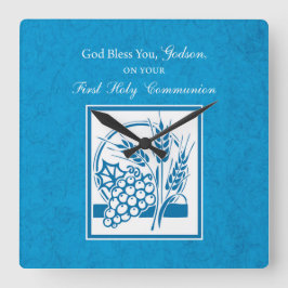 Godson First Communion, Weizen, Trauben Blau Quadratische Wanduhr