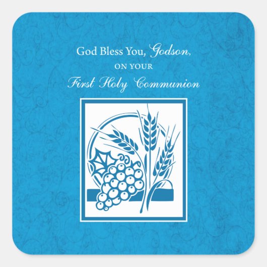 Godson First Communion, Weizen, Trauben Blau Quadratischer Aufkleber (Vorderseite)