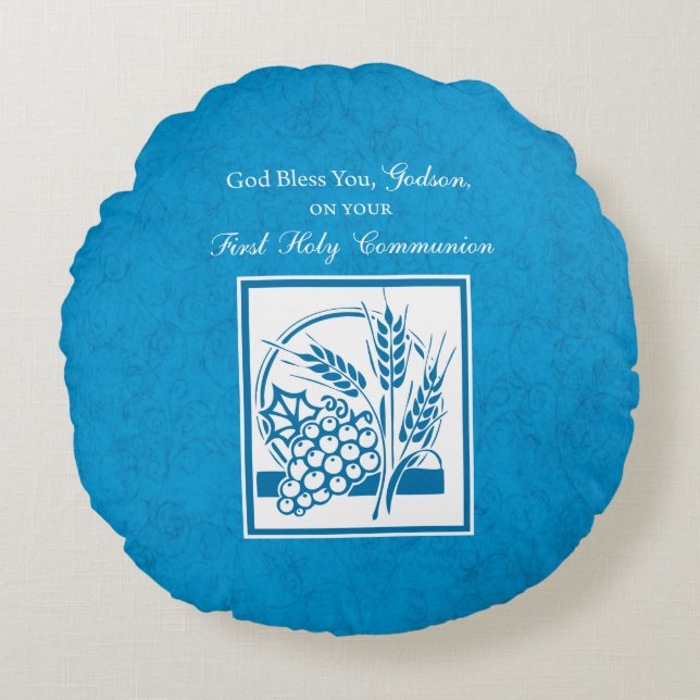Godson First Communion, Weizen, Trauben Blau Rundes Kissen (Vorderseite)