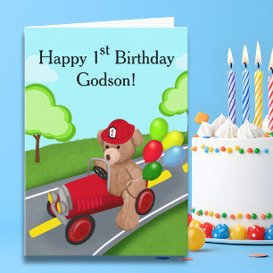 Godson Happy 1. Geburtstag Teddy Bear Fireruck Karte