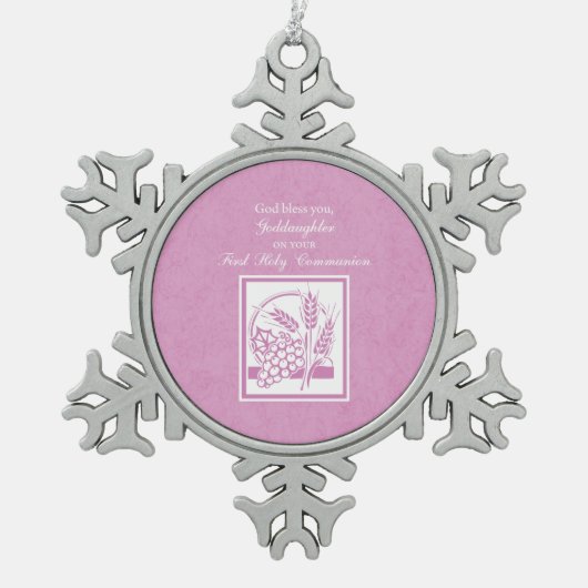 Godtochter Erste Kommune, Rosa Schneeflocken Zinn-Ornament (Vorderseite)