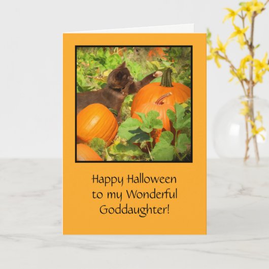 Godtochter Halloween mit Kitten und Pumpkins Karte (Gelbe Blume)