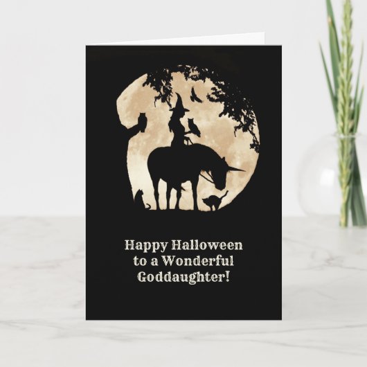 Godtochter Halloween Niedlich Hexe und Tiere Karte (Vorderseite)