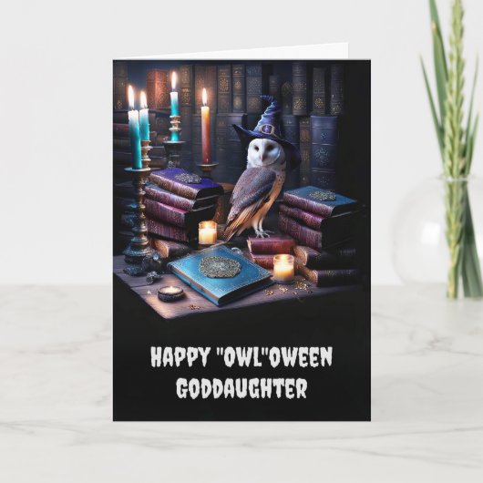 Godtochter Happy Halloween mit Owl Magical Books Karte (Vorderseite)