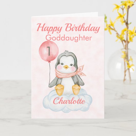 GodTochter Penguin Happy 1. Geburtstag Karte (Gelbe Blume)