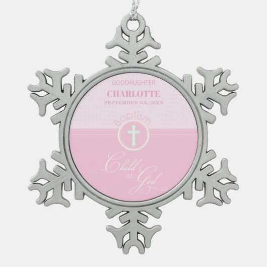 Godtochter Taufe Pink Kind Gottes Personalisiert Schneeflocken Zinn-Ornament (Vorderseite)