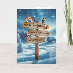 Godvater Weihnachtsrobins auf einem Schild Feiertagskarte