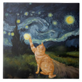 Gogh Kitty Starry Night Cat Fliese (Vorderseite)