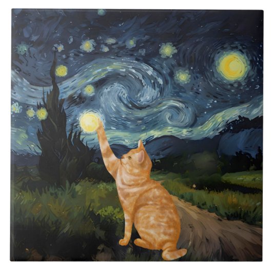 Gogh Kitty Starry Night Cat Fliese (Vorderseite)