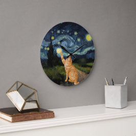 Gogh Kitty Starry Night Cat Große Wanduhr