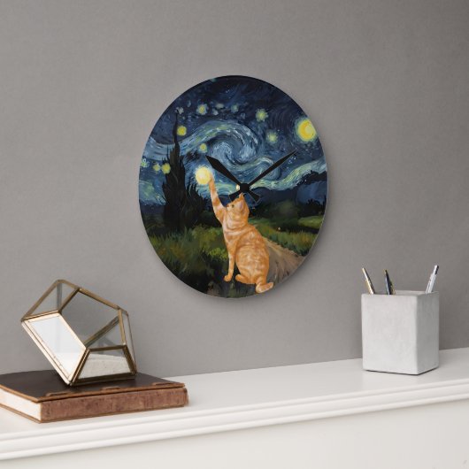 Gogh Kitty Starry Night Cat Große Wanduhr (Büro)