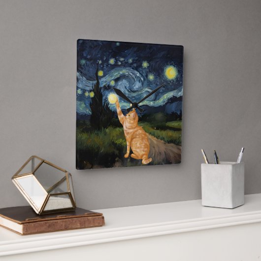 Gogh Kitty Starry Night Cat Quadratische Wanduhr (Büro)