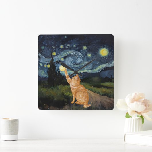 Gogh Kitty Starry Night Cat Quadratische Wanduhr (Zuhause)