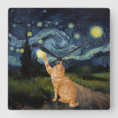 Gogh Kitty Starry Night Cat Quadratische Wanduhr (Vorderseite)