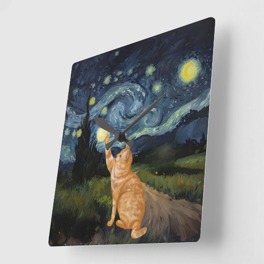 Gogh Kitty Starry Night Cat Quadratische Wanduhr (Winkel)