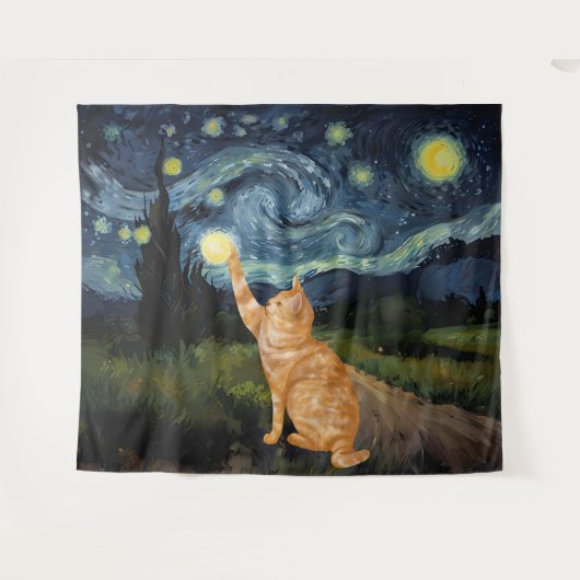 Gogh Kitty Starry Night Cat Wandteppich (Vorderseite (Horizontal))