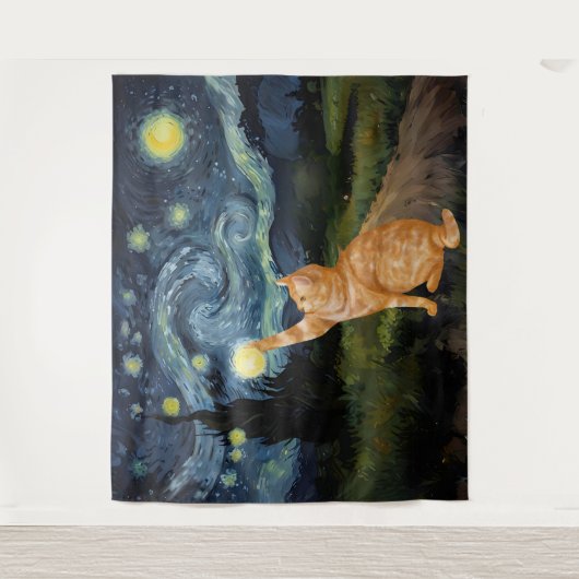 Gogh Kitty Starry Night Cat Wandteppich (Vorderseite)