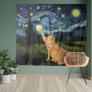 Gogh Kitty Sternen Nacht Katze Wandteppich